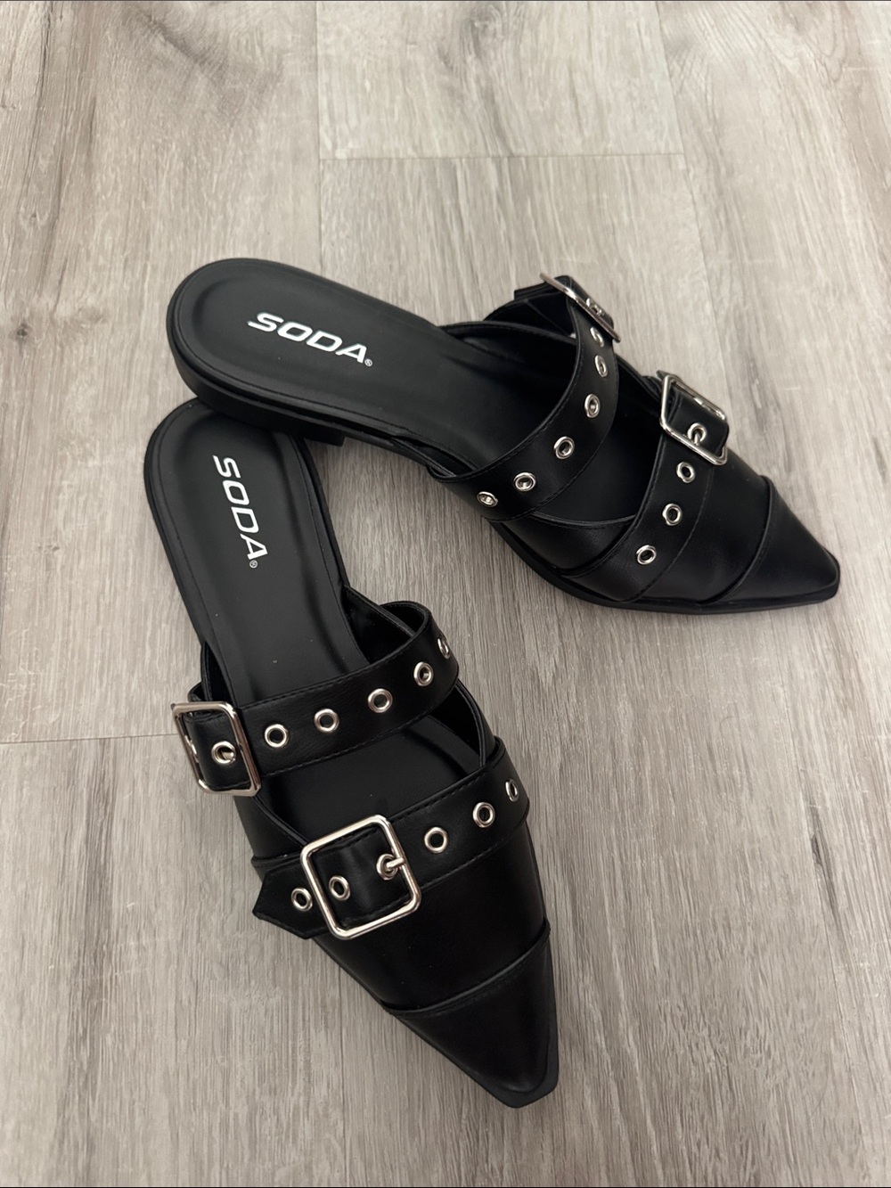 SODA Black Pointed Double Buckle Slide Mules